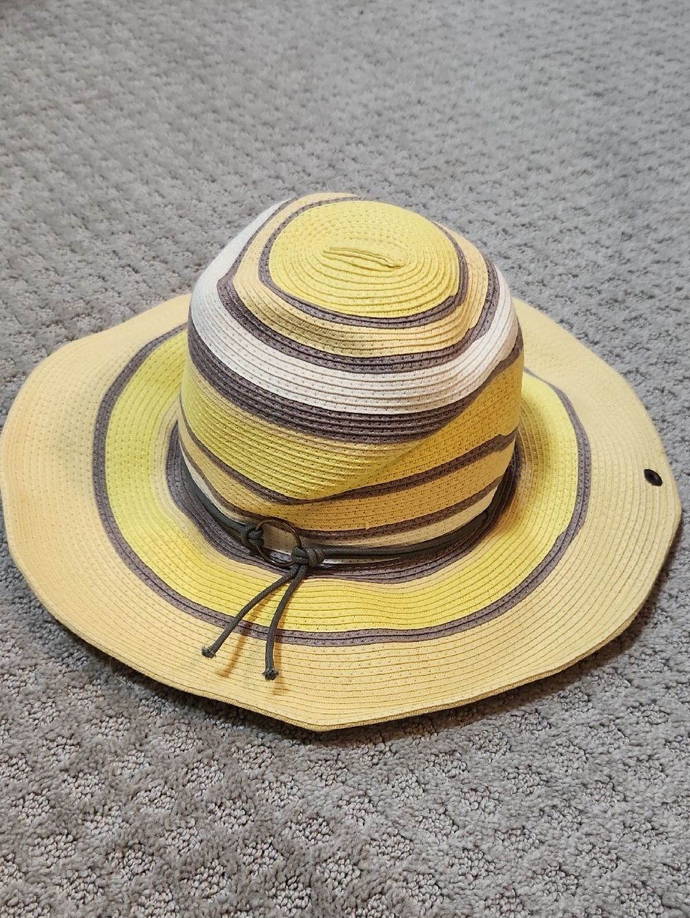 Peter Grimm Butter Yellow Striped Women's Sun Hat with Gray & Cream Stripes